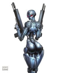 1girls ass female female_focus female_only grey_body gun guns holding_object holding_weapon kory_cromie looking_back_at_viewer metallic_body red_eyes robot robot_girl robot_humanoid sideboob sketch solo terminator thighs thin_waist weapon