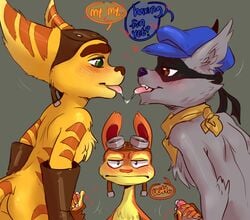 3boys blush crossover cum daxter dialogue furry gay green_eyes handjob heart jak_and_daxter lombax maddogfan male male_only mammal mustelid ottsel penis raccoon ratchet_(ratchet_and_clank) ratchet_and_clank sly_cooper sly_cooper_(series) smooth_fur text tongue