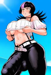 1futa angry_face big_breasts bulge bulge_down_leg bulge_through_clothing clothed futa_focus futa_only futanari grabbing_own_breast horny hoshi_kirara huge_cock jujutsu_kaisen mommysmilk00 throbbing_penis