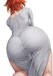 anime_style ass ass_focus back_view backboob bare_legs bare_shoulders bent_over best_quality bubble_butt butt_crack clothed clothing_pull confident_expression curvy dat_ass detailed_face detailed_hair dress dress_lift earrings fanart from_behind genshin_impact grey_dress hair_ornament hands_on_knees heart-shaped_ass highly_detailed highres hoyoverse huge_ass implied_pantyless knees_together_feet_apart light_skin long_sleeves looking_at_viewer looking_back massive_ass masterpiece mavuika_(genshin_impact) messy_hair mihoyo natlan no_bra orange_hair pantyless plump_ass presenting presenting_ass pyro_archon pyro_element rear_view round_ass seductive_pose sharp_focus short_hair sideboob simple_background soft_shading solo_female star_hair_ornament subtle_blush tanned_skin teasing thick_ass thick_thighs thigh_gap tight_dress upskirt vibrant_colors voluptuous warm_colors white_background wide_hips