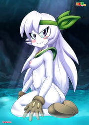 alien areolae ass bbmbbf blue_eyes breasts female female_focus female_only fur34 gloves kirby_(series) kneeling long_hair looking_at_viewer nintendo nipples nude nude_female palcomix pinup shoes sirica_(kirby) smiling watermark white_skin