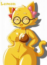 bikini blushing_female breaking breasts_out bun_cover cat_ears cat_girl cat_humanoid cat_tail glasses_on_face legs lemon_cat nude_anthro nude_female pussy sexy_body sexy_female sexy_pose smiley_face