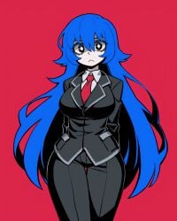 1girls :< absurd_res ai_generated alternate_version_available black_blazer black_eyes black_pants black_suit blank_background blazer blue_hair bongbong clothed clothed_female diamond_pupils empty_background falsegate fully_clothed hands_behind_back highres large_breasts lobotomy_corporation long_hair project_moon red_background red_tie self_upload solid_color_background solo stable_diffusion suit thick_thighs tie white_shirt white_skin wide_hips