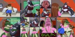 2:1 absurd_res alligator alligatorid anthro blue_eyes blush bodily_fluids brown_eyes carrying_another carrying_partner catfish clothed clothing crocodilian emetophilia english_text female female_pred female_prey fin fish flightlesslizard group gym hi_res lips male male/female male_prey mammal marine mick_(flightlesslizard) mouth_shot muscular mustelid natural_colors open_mouth otter profanity pupils reptile riley_(flightlesslizard) scalie sharp_teeth size_difference slit_pupils teeth text trio vomit vomiting vore