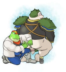 amphibian anthro ass autotonguejob backsack balls blush boots bottomless duo fingering flaccid footwear gerozaemon_geroda long_foreskin looking_pleasured lube male musclegut nintendo on_one_knee penis rear_view slippy_toad star_fox toad uncut wkd yaiba_(series) yaoi