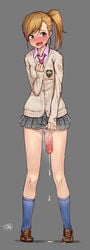 1futa blazer blue_legwear clothing cum cumdrip ejaculation embarrassed erect_penis erection futa_only futami_mami futanari grey_background hand_on_own_chest highres huge_cock idolmaster intersex jacket legs light-skinned_futanari light_skin loafers long_hair necktie panties penis ringlets school_uniform shoes side_ponytail signature simple_background skirt skirt_pull socks solo splashing tearing_up trembling upset yellow_eyes yoshiwa_tomo