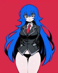 1girls :< absurd_res ai_generated alternate_version_available black_blazer black_eyes black_panties black_suit blank_background blazer blue_hair bongbong diamond_pupils empty_background falsegate hands_behind_back highres large_breasts lobotomy_corporation long_hair looking_at_viewer no_pants panties project_moon red_background red_tie self_upload solid_color_background solo stable_diffusion standing thick_thighs tie white_shirt white_skin wide_hips