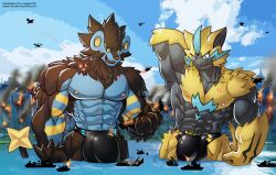 2026 absurd_res aircraft airplane anthro black_body black_fur blue_body blue_eyes bulge city clothing dated destruction detailed_bulge digital_media_(artwork) duo felid fur generation_4_pokemon generation_7_pokemon hi_res jet laser legendary_pokemon luxray macro male mammal muscular muscular_male nintendo pokemon pokemon_(species) rampage sea ship speedo swimwear text vehicle water watercraft wolfmalro yellow_body yellow_eyes yellow_fur zeraora