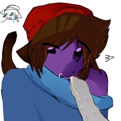1:1 ambiguous_gender animal_humanoid beanie blue_clothing bodily_fluids brown_ears brown_hair brown_tail cat_humanoid cat_tail clothing cum duo ears_down felid felid_humanoid feline feline_humanoid fellatio genital_fluids hair hat headgear headwear hehehahah81 hi_res humanoid male male/male mammal mammal_humanoid oral penile pivoted_ears purple_body purple_eyes purple_skin red_beanie red_clothing red_hat red_headwear roblox robloxian sex smallarmrants source_request sweat tail worried_face