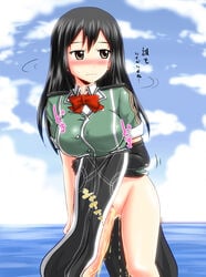 black_hair blush bottomless breasts brown_eyes chikuma_(kantai_collection) clothing female homare_(suzu_no_oka) kantai_collection large_breasts long_hair looking_away peeing translated uniform