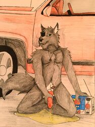 1boy animal_genitalia anthro black_fur bossman1969 canine canine_penis car fur furry holding kneeling knot looking_at_viewer male male_only mammal on_floor peeing penis red_penis sketch smoking solo traditional_media_(artwork) urine vehicle watersports wetting wolf