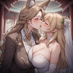 2girls ai_generated blonde_hair blush brown_eyes brown_hair closed_eyes clothed female_only fox_ears fox_girl kissing large_breasts light_skin long_hair married_couple monster_girl romantic suit temple wedding wedding_dress wife_and_wife yuri