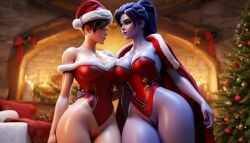 2girls 3d ai_generated amelie_lacroix big_ass big_breasts blue-skinned_female blue_eyeshadow blue_hair blue_skin blue_skinned_female brown_eyes brown_eyes_female brown_hair brunette_hair christmas christmas_outfit lena_oxton overwatch overwatch_2 ravenomega sexy_body sexy_woman tagme tracer two_females two_women video video_game widowmaker yuri