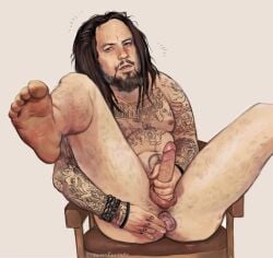 1boy 1male bara barazoku beard big_penis bracelet bracelets chair erection faustcrybaby fieldy korn legs_in_air long_hair long_hair_male looking_at_viewer male_only masturbation musician object_in_ass object_insertion real_person reginald_arvizu sex_toy sex_toy_in_ass solo solo_focus solo_male tattoos tattoos_everywhere toes_curled toes_scrunch