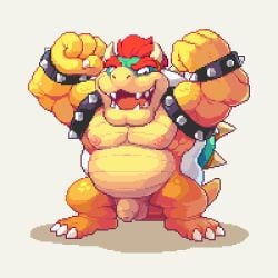 1:1 2_horns balls barazoku belly big_muscles bowser bracelet digital_media_(artwork) fangs flaccid flexing foreskin full-length_portrait genitals green_body green_skin hair horn jewelry koopa male mario_bros musclegut muscular muscular_male nintendo nipples open_mouth overweight overweight_male ozuron pecs penis pixel_(artwork) portrait red_hair reptile scalie shell smile solo spiked_bracelet spikes teeth turtle unretracted_foreskin yellow_body yellow_skin