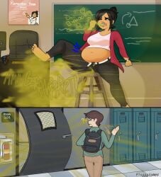 1boy1girl 1girl1boy ?? big_belly bloated_belly both_ends burp burp_cloud burp_fetish burping fart fart_cloud fart_everywhere fart_fetish farting foggyfumes gassy gassy_female hair_bun light_skin light_skinned_female locker lockers ophelia_(oddten) overweight teacher teacher_outfit two_panel_image unbuttoned_pants watermark