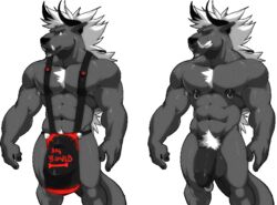 2016 abs anthro apron balls behemoth biceps bondage canine clothing cursedmarked demon fangs fumdux fur glowing hair horn humanoid_penis male male_only mammal muscular muscular_male nipple_piercing nipples nude pecs penis piercing smile teeth video_games