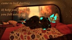 3d big_ass big_breasts blanket chubby chubby_female deltarune encouragement female glowing_nipples huge_ass huge_breasts inviting pillow smiling smiling_at_viewer talking_to_viewer tasque_manager_(cryptiacurves) tasque_manager_(deltarune) text vrchat
