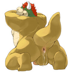 1boy after_anal after_sex anthro anus balls bowser cum cum_in_ass cum_inside donguri full_body gay horn kneeling male male_only mario_(series) nintendo nude penis red_hair simple_background solo testicles white_background