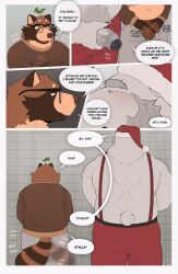 5_panel_comic anthro balls bear beard big_balls big_penis bottomwear brown_body brown_fur canid canine cheek_tuft christmas clothing dialogue english_text eyewear facial_hair facial_tuft foreskin fur furry genitals glasses grey_hair hair half-closed_eyes half-erect hi_res holidays huge_balls huge_cock humanoid_genitalia humanoid_penis leaf leaf_on_head male male/male mammal markings muscle_tone musclegut muscular muscular_anthro muscular_male narrowed_eyes navel onomatopoeia open_mouth open_smile pants pecs penis polar_bear raccoon_dog roseonapot slightly_chubby slightly_chubby_anthro slightly_chubby_male smile sound_effects speech_bubble striped_markings striped_tail stripes suspenders sweater sweatpants tail tail_markings tail_motion tailwag tan_body tan_fur tanuki text toast_(roseonapot) topwear tuft ursine vein veiny_penis white_body white_fur