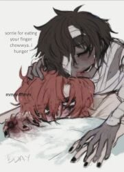 2boys bandages beastbirthday blood blood_in_mouth blood_on_face blue_eyes bsd bungo_stray_dogs bungou_stray_dogs cannibalism chuuya_nakahara dark_hair dark_skin dazai_osamu gay ginger_hair implied_sex missing_finger nakahara_chuuya osamu_dazai painted_nails pale_skin pinned_to_bed yaoi