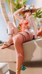1girls beach bikini female female_only kamelotnoah_(artist) marvel marvel_rivals sitting thick_thighs white_fox_(marvel) white_fox_(marvel_rivals)