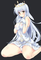 1girls aiyoku_no_eustia bare_shoulders black_background blue_dress blush breasts commentary_request covered_nipples crown dress female gloves highres light-skinned_female light_skin long_hair looking_at_viewer medium_breasts panties pantyshot saint_irene see-through silver_hair sleeveless solo thick_thighs thighs underwear white_gloves white_panties yellow_eyes yumezakura_(yuu_yumezakura)