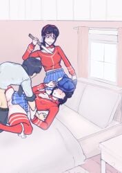 1boy 2girls bed bedroom brushing_pussy cappie_(miside) cool_mita_(miside) crazy_mita_(miside) miside mita_(miside) panties pink_bedroom pink_pussy sex small_boobies small_boobs small_breasts small_teats