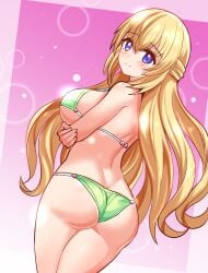 1girls arms_under_breasts ass back_view behind_view bikini blonde_hair blue_eyes blush breasts choujigen_game_neptune cougar1404 female_focus female_only gradient_background large_breasts long_hair looking_at_viewer looking_back neptunia_(series) smiling smiling_at_viewer solo solo_female swimsuit vert
