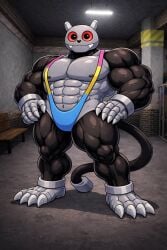 ai_generated anthro anthro_only anthrofied bara blue_mankini buff canine dandy's_world domestic_dog evil furry furry_male hands_on_waist mankini pebble_(dandy's_world) pink_mankini red_eyes roblox rock sexuality_mankini sexy smiling twisted_pebble_(dandy's_world) yellow_mankini