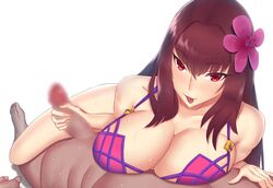 1girls :p bikini blur blush breast_rest breasts burgundy_hair censored dark-skinned_male fate/grand_order fate_(series) female flower fringe hair_flower hair_ornament handjob imminent_oral large_breasts long_hair looking_at_viewer naughty_face oral penis pov purple_hair red_eyes scathach_(fate) scathach_(swimsuit_assassin) simple_background slim solo solo_focus sweat swimsuit tongue tongue_out vanquice white_background