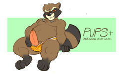 advertisement animal_genitalia anthro barefoot briefs clothed clothing english_text erection grin guardians_of_the_galaxy humanoid_penis looking_at_viewer male male_only mammal marvel overweight overweight_male pecs penis pinup pose rabidraccoon raccoon reclining rocket_raccoon sheath text topless underwear underwear_pull