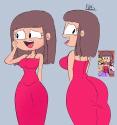 1girls arched_back background_character big_ass big_breasts black_eyes bottom_heavy brown_hair dress female female_focus female_only first_porn_of_character fonz fully_clothed grey_background hand_on_own_cheek light_skin open_mouth pink_dress reference_image teen_titans teen_titans_go twitter_link