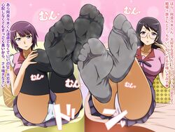 2girls araragi_koyomi bakemonogatari black_hair blue_eyes boku_to_kanojo_to_migite_no_kanojo cg covered_pussy cum feet female femdom game hanekawa_tsubasa large_breasts monogatari_(series) multiple_girls panties school_uniform senjougahara_hitagi skirt sniff sniffing vermilion violet_hair