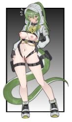 absurdres ankle_boots arknights arknights:_endfield bar_censor black_background black_boots black_gloves blush boots border breasts bright_pupils censored chinese_commentary closed_mouth commentary_request embarrassed female fingerless_gloves fluorite_(arknights:_endfield) flying_sweatdrops full_body gloves gradient_background green_eyes green_hair green_tail grey_background grey_boots grey_hood hair_between_eyes hair_ornament hairclip hands_on_own_hips highres hood hood_up long_hair long_sleeves looking_at_viewer medium_breasts muusn navel nipples outside_border pussy skindentation solo standing sweat tail thigh_strap white_border white_pupils