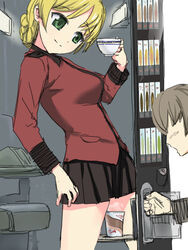 1boy blonde_hair braids darjeeling female girls_und_panzer green_eyes head_tilt paper_cup peeing peeing_in_cup skirt smile standing steam teacup uniform vending_machine