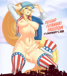 1futa areolae balls big_breasts blonde_hair blue_eyes breasts cum erection futa_only futanari hat hourglass_figure intersex large_breasts looking_at_viewer necrosmos nipples penis pin-up precum propaganda solo testicles text thighhighs