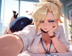 1girls ai_generated alternate_costume angela_ziegler ass bangs bed black_choker black_footwear black_skirt blonde_hair blue_eyes blue_eyeshadow blue_nails blue_skirt blurry_background blush breasts bunilew choker cleavage clock closed_mouth clothing collarbone collared_shirt curvaceous curvaceous_female curvaceous_figure curvy curvy_figure day dress_shirt eyes_visible_through_hair eyeshadow female female_focus female_only footwear hand_on_own_face head_rest high_heels id_card indoors lanyard large_breasts lips lipstick long_hair looking_at_viewer lying makeup mascara mercy nail_polish office_lady on_bed on_stomach open_shirt outstretched_arm overwatch overwatch_2 partially_unbuttoned pencil_skirt plant ponytail potted_plant reaching reaching_towards_viewer seductive_smile shiny_clothes shiny_skin shirt shoes skirt sleeves_rolled_up smile solo the_pose thigh_strap thighs unbuttoned_shirt voluptuous voluptuous_female watch white_shirt window wristwatch