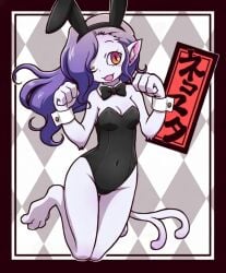 bell blue_hair blush bow breasts bunnysuit cat_girl catgirl claws cute_fang edit eyelashes female furry highres large_breasts long_hair megami_tensei nekomata_(megami_tensei) no_bra nollety open_mouth orange_eyes pointy_ears shin_megami_tensei tail white_fur wide_hips