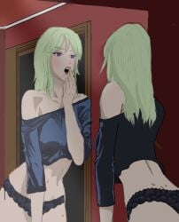 black_clover flat_ass flat_belly glasses lace-trimmed_bra lace-trimmed_panties letoile_becquerel mint_hair open_mouth purple_eyes