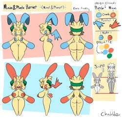 after_transformation blue_nipples bunny_ears burnet_(pokemon) chabble cheek_markings lightning_bolt minun plusle pokemon pokemon_(species) post-transformation rabbit rabbit_ears rabbit_girl red_nipples reference_sheet transformation yellow_body yellow_eyes