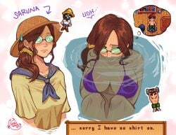 1girls alex_mullner big_breasts bikini blushing breasts brown_hair cooling_off dreaming embarrassed farmer farmer_(stardew_valley) glasses hat nerdy_female oc purple_bikini saruna sarunacuso self_insert stardew_valley submerged thinking
