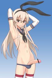 1boy armpits arms_behind_head arms_up bikini blonde_hair blush censored commentary_request elbow_gloves genderswap genderswap_(ftm) gloves grey_eyes hair_ribbon hairband highres kantai_collection long_hair looking_at_viewer micro_bikini minazuki_juuzou navel neckerchief penis ribbon rule_63 sailor_collar shimakaze_(kantai_collection) smile solo solo_male striped striped_legwear swimsuit thighhighs trap veins white_gloves