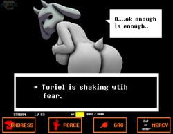 1girls 3d anthro anthro_female anthro_only ass english_text female female_only furry furry_female furry_only gameplay_mechanics goat goat_humanoid horns humanoid humanoid_female humanoid_only sideboob solo source_filmmaker superstreamteam text toriel undertale undertale_(series)