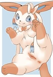 2024 4_fingers 4_toes absurd_res anus black_nose blue_background blue_eyes blue_inner_ear blue_sclera blush blush_lines border bow_(anatomy) closed_smile digital_drawing_(artwork) digital_media_(artwork) eeveelution feet female female_feral feral fingers fur generation_6_pokemon genitals glistening glistening_eyes gloves_(marking) hi_res humanoid_genitalia humanoid_genitalia_on_feral humanoid_vulva humanoid_vulva_on_feral leg_markings looking_at_viewer markings mouth_closed multicolored_body multicolored_fur nintendo outline outside_border paws pink_anus pink_body pink_ears pink_fur pink_tail pokemon pokemon_(species) presenting presenting_vulva pu_sukebe quadruped ribbons_(anatomy) simple_background smile smiling_at_viewer socks_(marking) solo spread_legs spreading sylveon tail toes vulva white_body white_border white_fur white_outline
