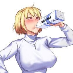 1girls ahoge arcueid_brunestud artist_request blonde_hair blush breast_expansion breasts breasts_bigger_than_head drinking drinking_milk hair_intakes huge_breasts large_breasts milk milk_carton necklace nipple_bulge nipples red_eyes short_hair source_request sweater tsukihime tsukihime_(remake) turtleneck_sweater