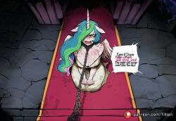 ai_generated animal_ears bare_shoulders blue_hair breasts chains cleavage collar dress english_text female green_hair hair_over_one_eye horns kneeling large_breasts leash long_hair looking_at_viewer multicolored_hair my_little_pony nightmare_moon_(mlp) open_mouth patreon_logo princess_celestia_(mlp) seiza single_horn solo speech_bubble teeth tillian two-tone_hair white_dress wings