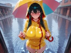 1girls :t ai_generated arzagod black_hair blush boots breasts building closed_mouth clothing cowboy_shot curvaceous curvaceous_female curvaceous_figure curvy curvy_figure earrings female female_focus gold_earrings hair_between_eyes hairband holding holding_umbrella hood hood_up jewelry large_breasts long_hair long_sleeves looking_at_viewer nail_polish outdoors pout puddle rain raincoat red_eyes red_nails reflection ripples rubber_boots shiny_clothes sidelocks solo spy_x_family standing taut_clothes thigh_boots thighhighs thighs umbrella voluptuous voluptuous_female water wet wet_clothes wide_hips yellow_footwear yellow_raincoat yor_briar yor_forger