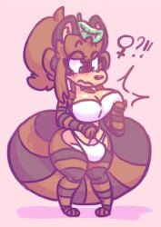 2025 anthro big_breasts breasts brown_hair canid canine clothing digital_media_(artwork) gynomorph hair hand_on_breast hi_res implied_transformation intersex leaf mammal memopemo raccoon_dog simple_background solo standing surprised tail tanuki underwear