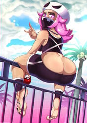 1girls alolan_exeggutor alolan_form ass ass_cleavage ass_focus back barefoot big_ass big_butt black_toenails bottomless breasts bubble_butt butt_crack clothed dat_ass dragon exeggutor feet female female_only female_team_skull_grunt hat huge_ass human jewelry large_ass long_hair looking_back nail_polish necklace nintendo pink_eyes pink_hair pink_toenails poke_ball pokemon pokemon_sm purple_shorts rapp_(pokemon) shadman sitting soles solo team_skull team_skull_grunt team_skull_grunt_(female) text toenail_polish toes